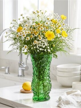 Emerald Green Textured Glass Vase 8 1/2” Tall 
Hoosier USA Vintage Mid Century